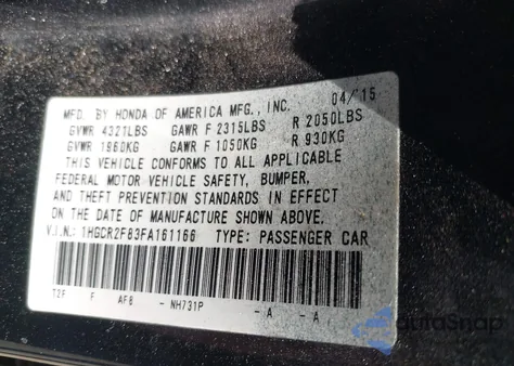 2015 Honda Accord Ex-L from USA, damaged, VIN 1HGCR2F83FA161166